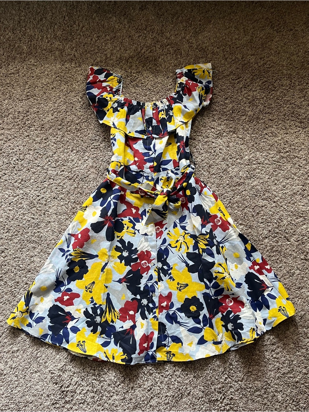 Zara Basic Z1975 Denim Yellow Floral Midi Dress with Red Navy size small